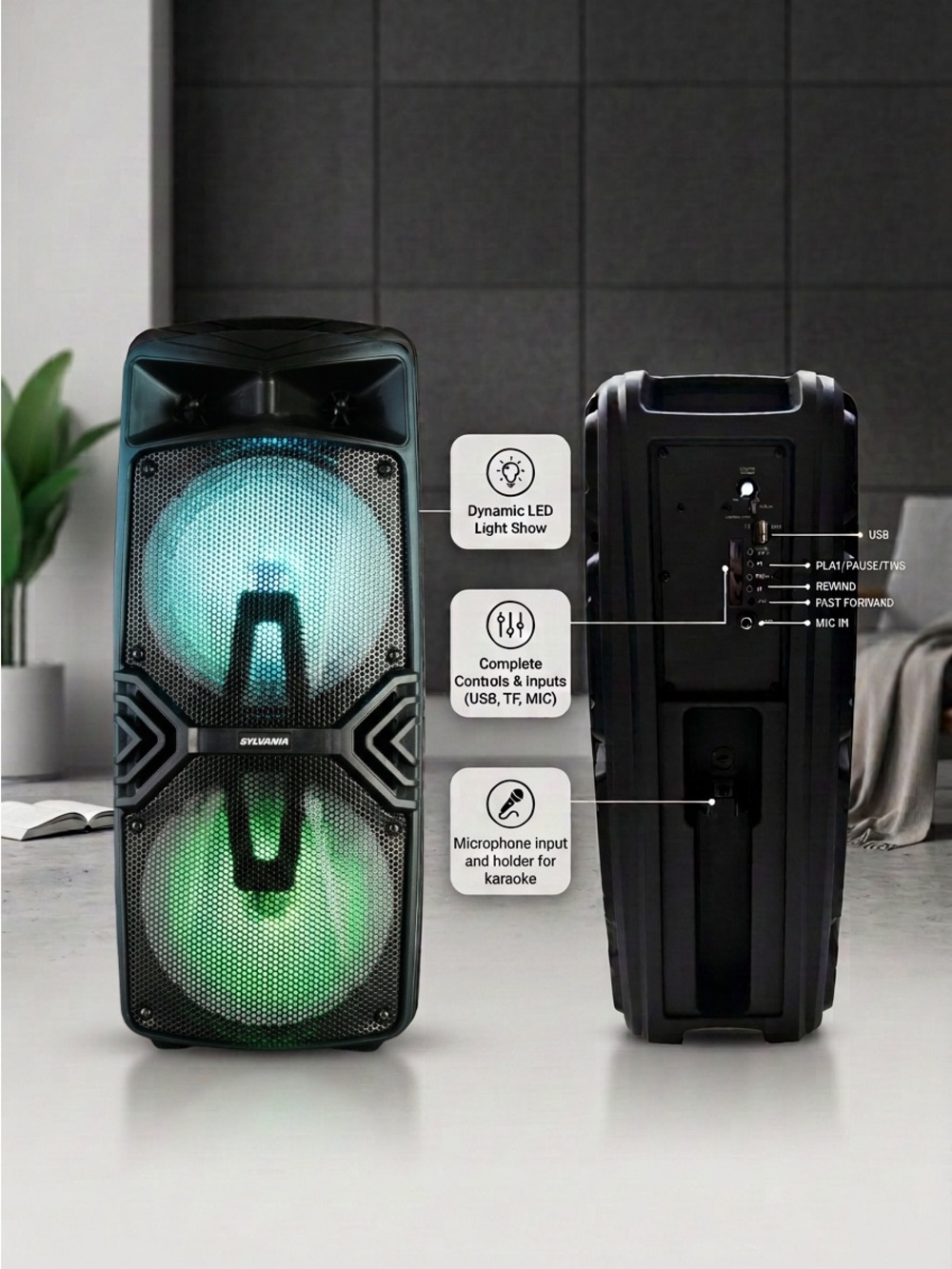 Sylvania 2 x 8" Bluetooth Light Up Karaoke Portable Speaker (Model SP782)